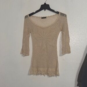 Beige Crochet Knit Top with Fringe